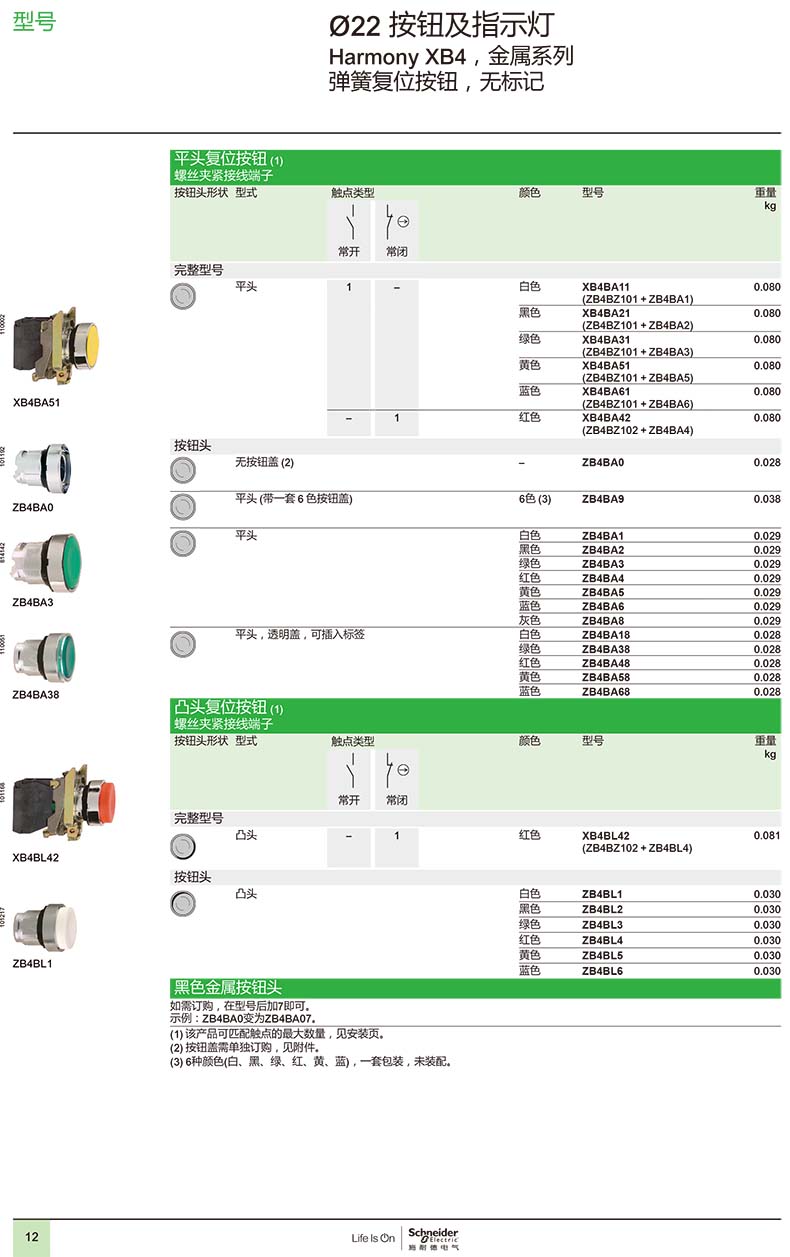 施耐德?22 進口金屬按鈕指示燈XB4系列型號表